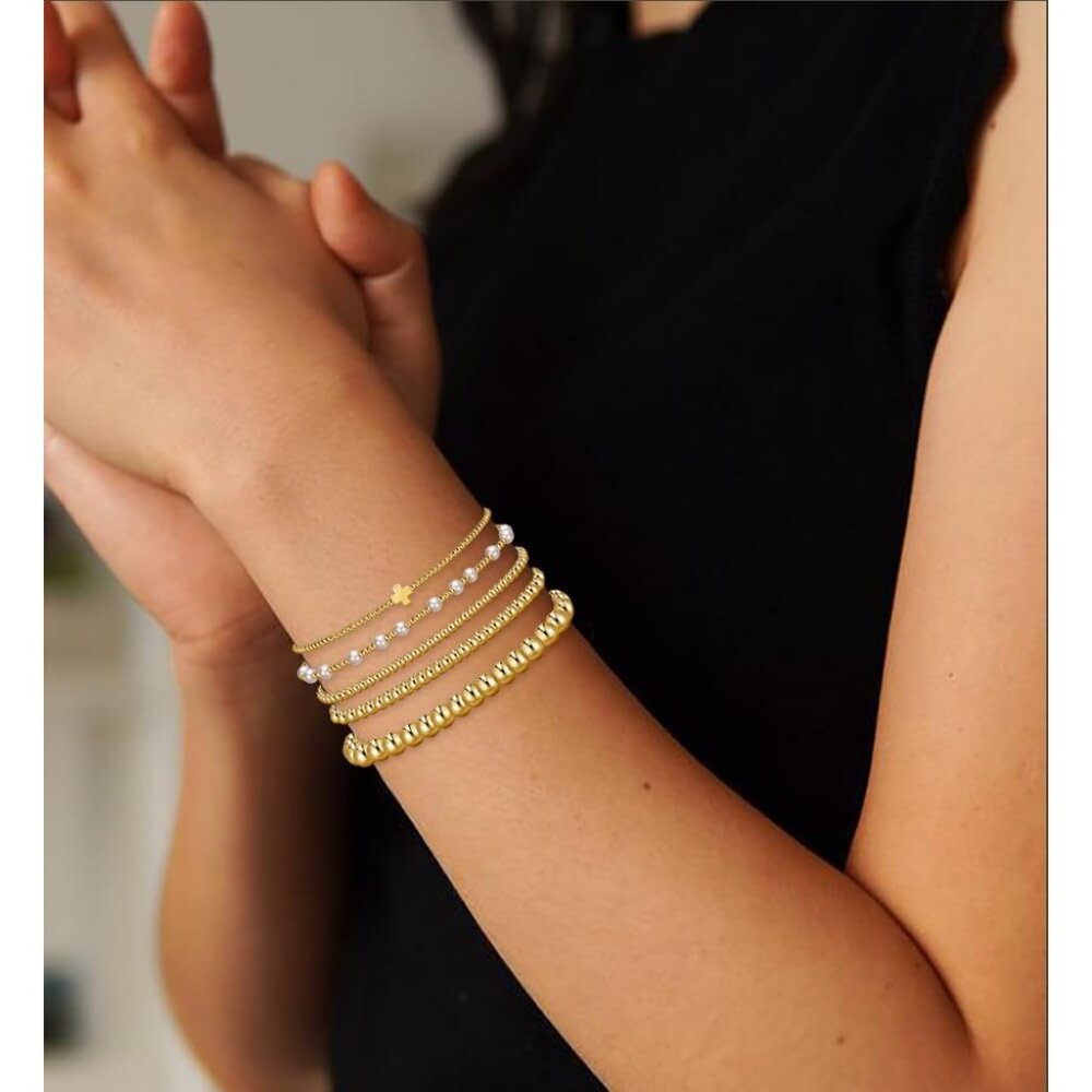 Gold Beaded Stackable Bracelets Set, Trendy 14k G… - image 5